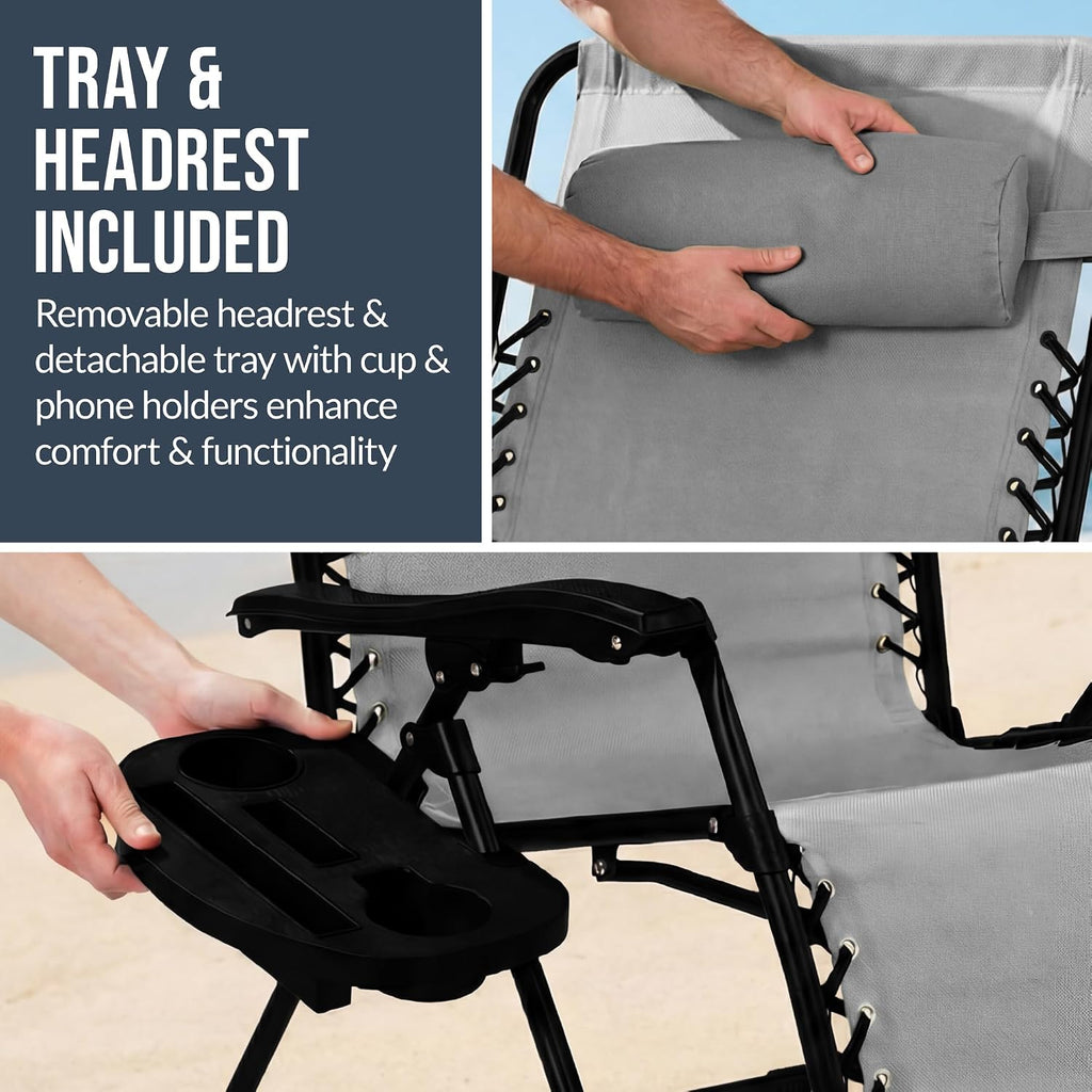 Best Choice Products Set of 2 Extra Wide Adjustable Steel Mesh Zero Gravity Lounge Chair Recliners w/Pillows and Cup Holder Trays - Ice Gray