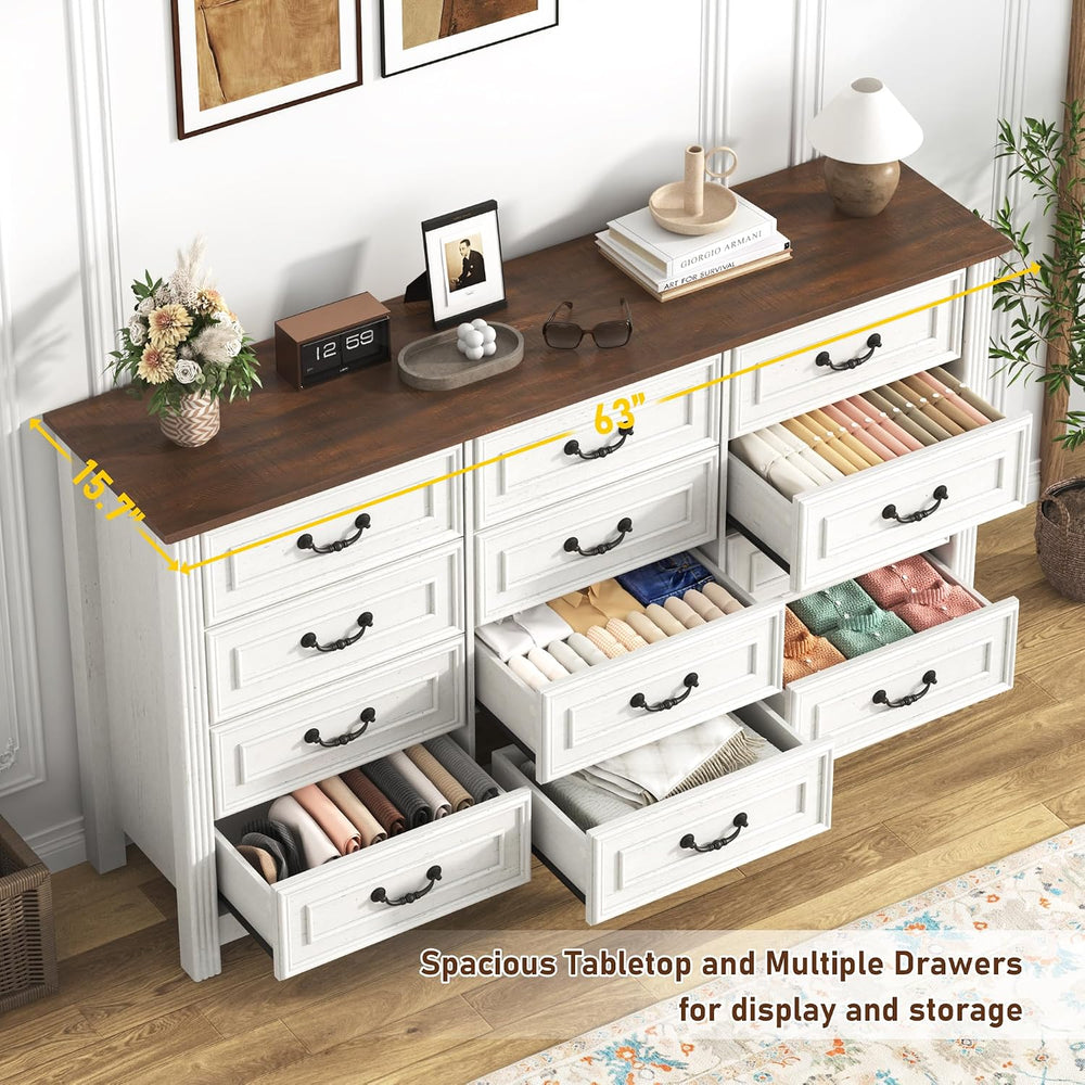 chartustriable Farmhouse 12 Drawer Dresser for Bedroom, 63” Wood Chest of Dra...