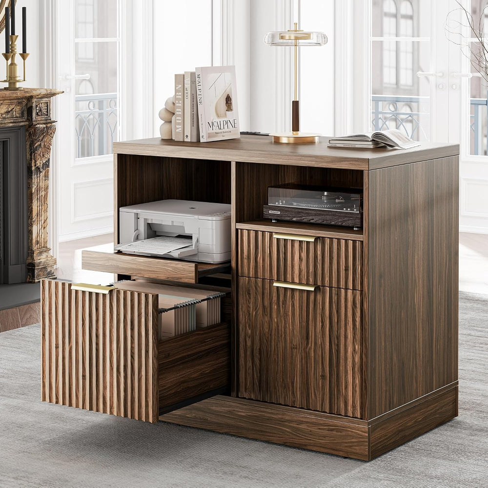 3 Drawer File Cabinet, Fluted Wood Lateral Filing Cabinet with Charging Stati...