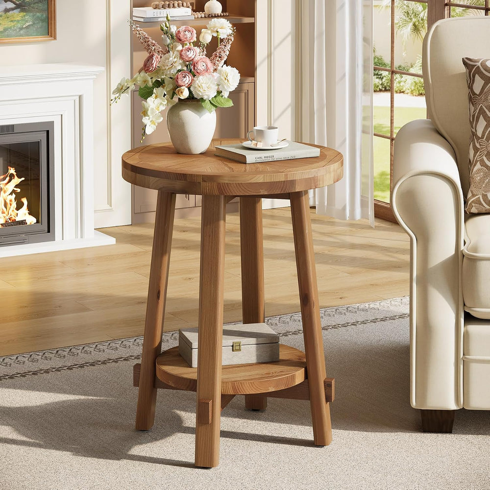 Solid Wood Side Table for Living Room, Small Round End Table with 2-Tier Stor...