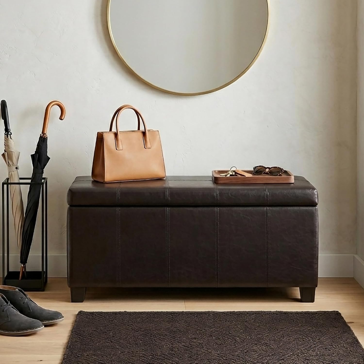 SIMPLIHOME Dover Storage Ottoman Bench - 36 inch Wide Upholstered Vegan Leather Rectangular Lift-Top Ottoman in Dark Clove Brown, Contemporary Bench for Living Room with Safety Hinges