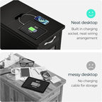 LINSY HOME End Table Set of 2 with Charging Station, Modern Farmhouse Side Table with Drawer, Wooden Narrow Bedside Table for Living Room, Slim Nightstand with Storage Cabinet, Black, Glass Door