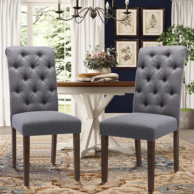 Tufted Dining Chairs Set of 4, Upholstered Parsons Dining Room Chairs, Fabric Kitchen Side Chair with Wood Legs, Dark Grey
