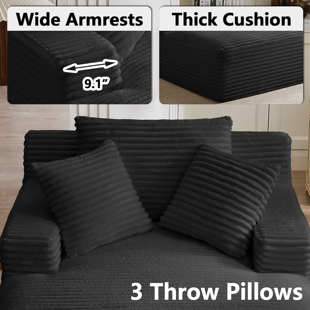 67 Inch Boneless Couch, Oversized Chaise Lounge Sofa, Corduroy Chaise Lounge Chair Indoor with Comfy Pillows for Living Room Bedroom, Foam Filling, No Assembly (Black)