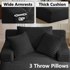 67 Inch Boneless Couch, Oversized Chaise Lounge Sofa, Corduroy Chaise Lounge Chair Indoor with Comfy Pillows for Living Room Bedroom, Foam Filling, No Assembly (Black)