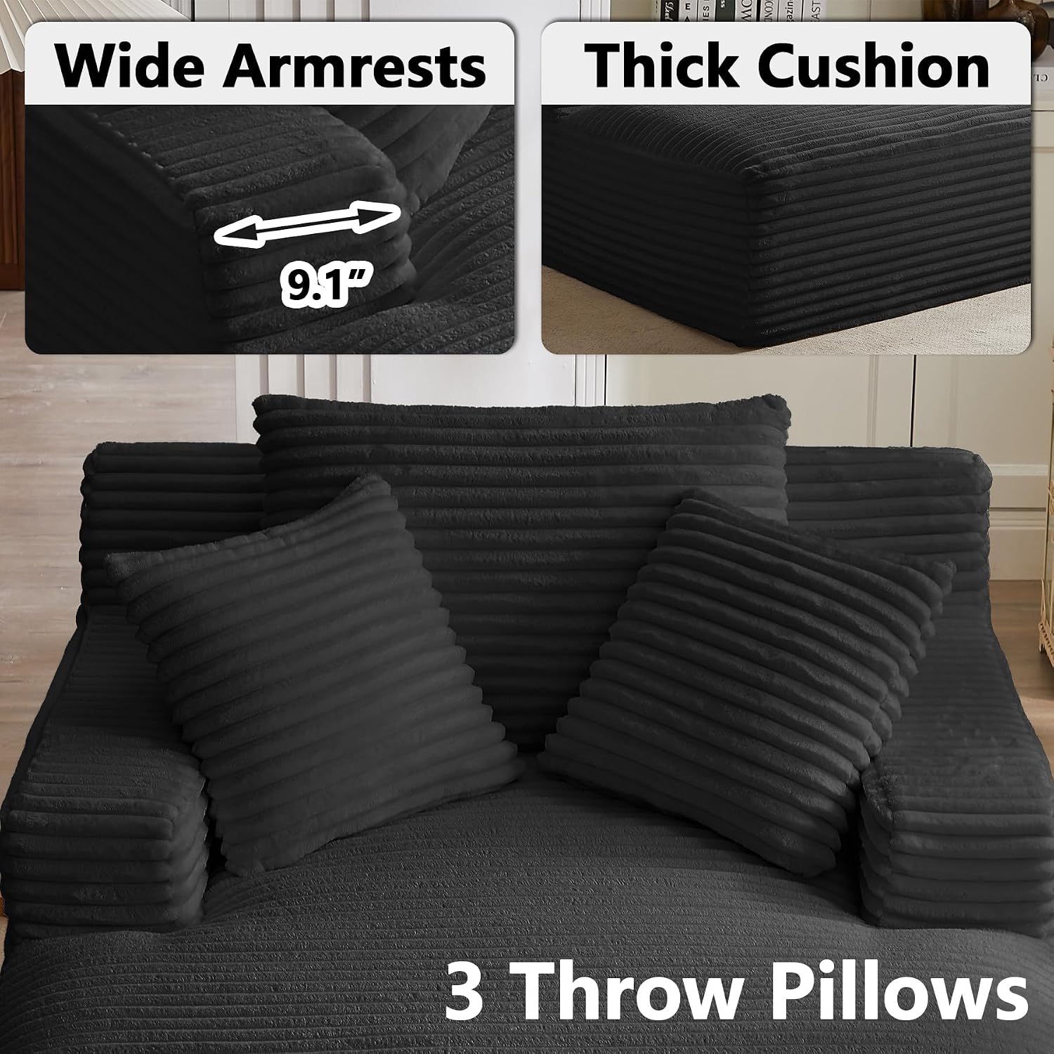 67 Inch Boneless Couch, Oversized Chaise Lounge Sofa, Corduroy Chaise Lounge Chair Indoor with Comfy Pillows for Living Room Bedroom, Foam Filling, No Assembly (Black)