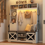 75''H 59''W Large LED Farmhouse Hall Tree with Bench and Shoe Storage,Entryway Bench with Coat Rack,16 Shoe Cubbies & Umbrella Holder and Sock Storage Drawer,Mudroom/Hallway Storages Cabinet(white )