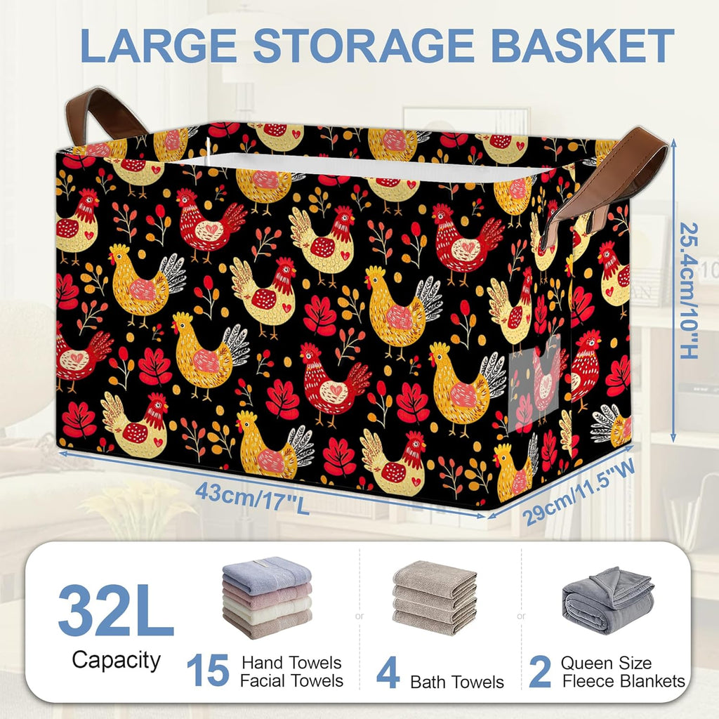 Cute Roosters Storage Basket,Leaf Collapsible Storage Bin Cubes for Living Room Bedroom Blankets Home Storage 17x11.5x10Inch