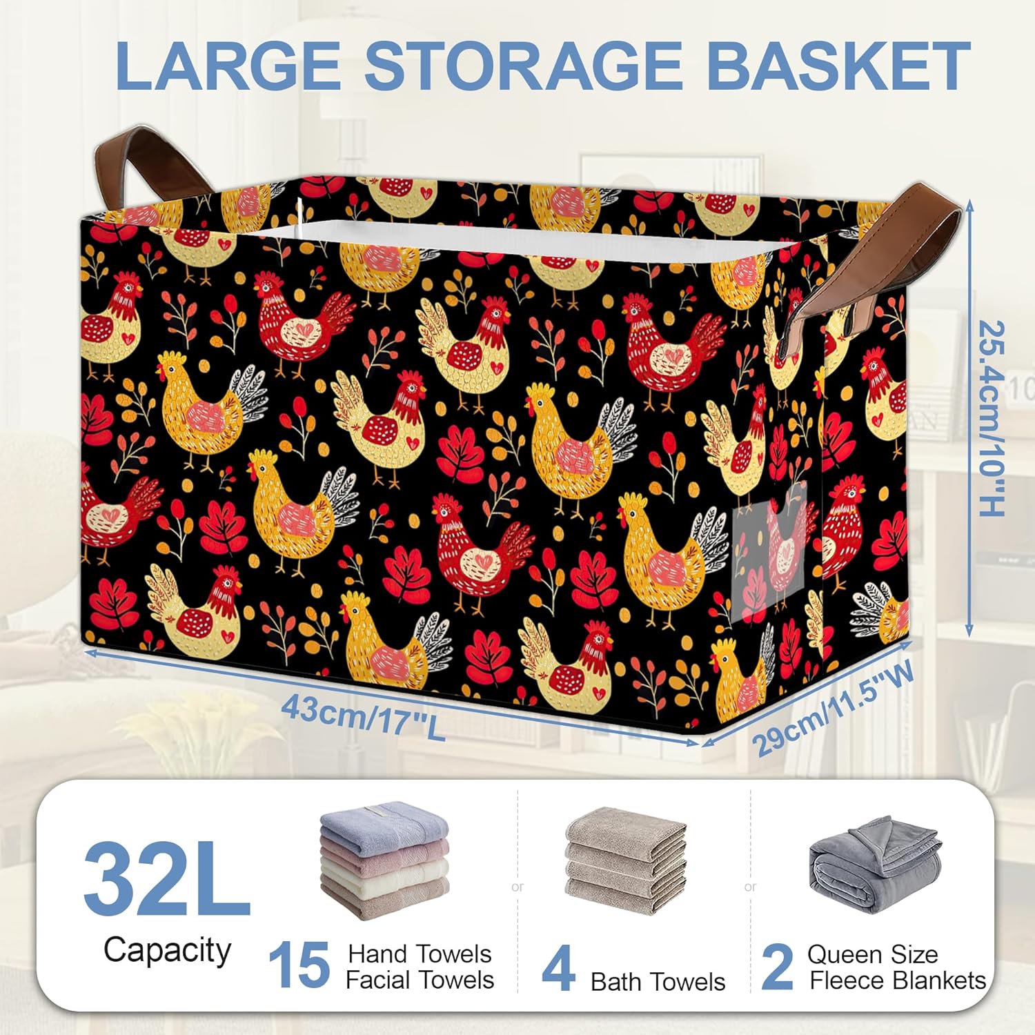Cute Roosters Storage Basket,Leaf Collapsible Storage Bin Cubes for Living Room Bedroom Blankets Home Storage 17x11.5x10Inch