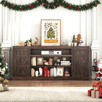 75" Farmhouse TV Stand with Power Outlets for 85 Inch TVs, 33" Tall Entertainment Center with Storage Cabinets w/Adjustable Shelves, Rustic Large TV Media Console, Brown