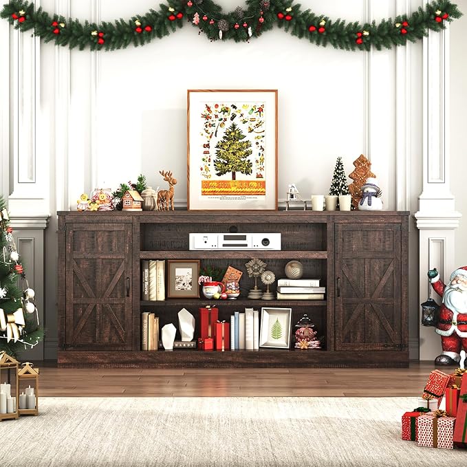 75" Farmhouse TV Stand with Power Outlets for 85 Inch TVs, 33" Tall Entertainment Center with Storage Cabinets w/Adjustable Shelves, Rustic Large TV Media Console, Brown
