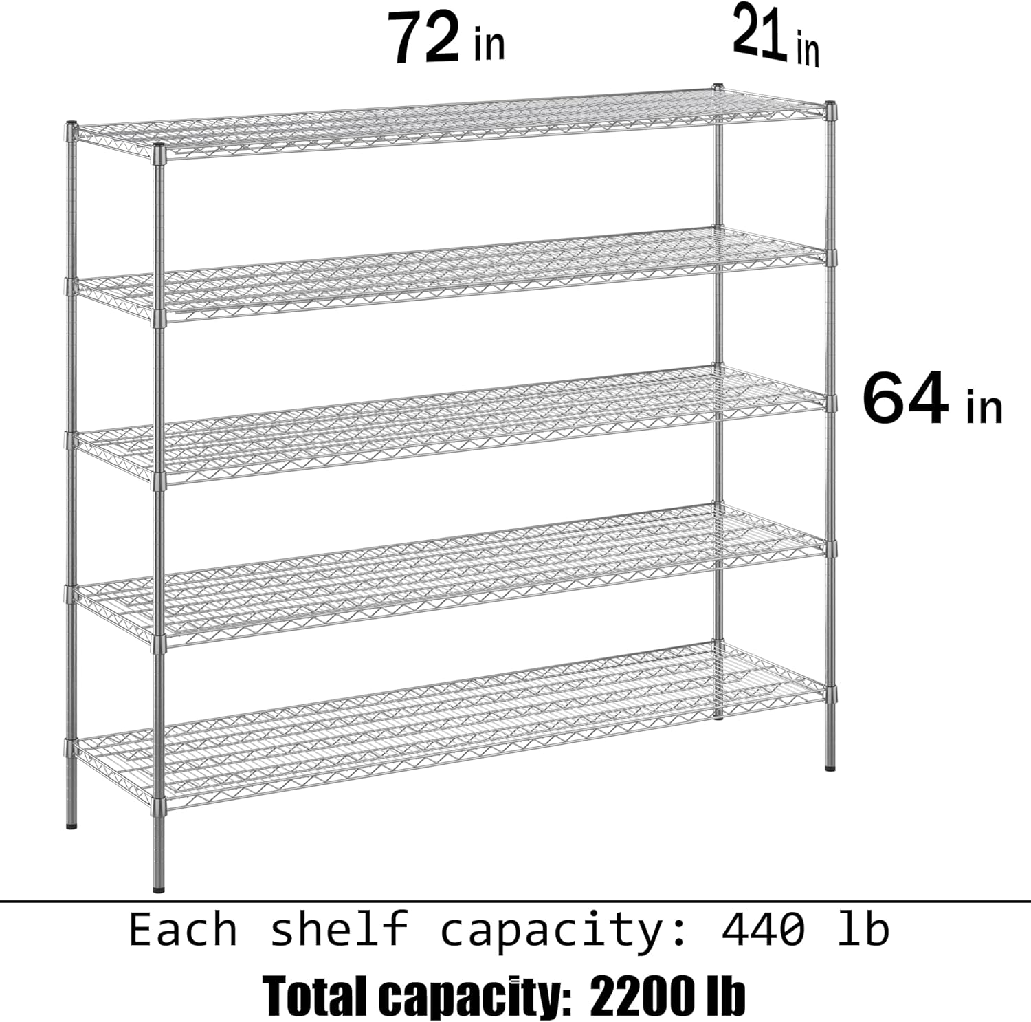 21" Deep x 72" Wide x 64" Height Wire Shelving Kit | 5-Tier | NSF Commercial Storage Rack Unit