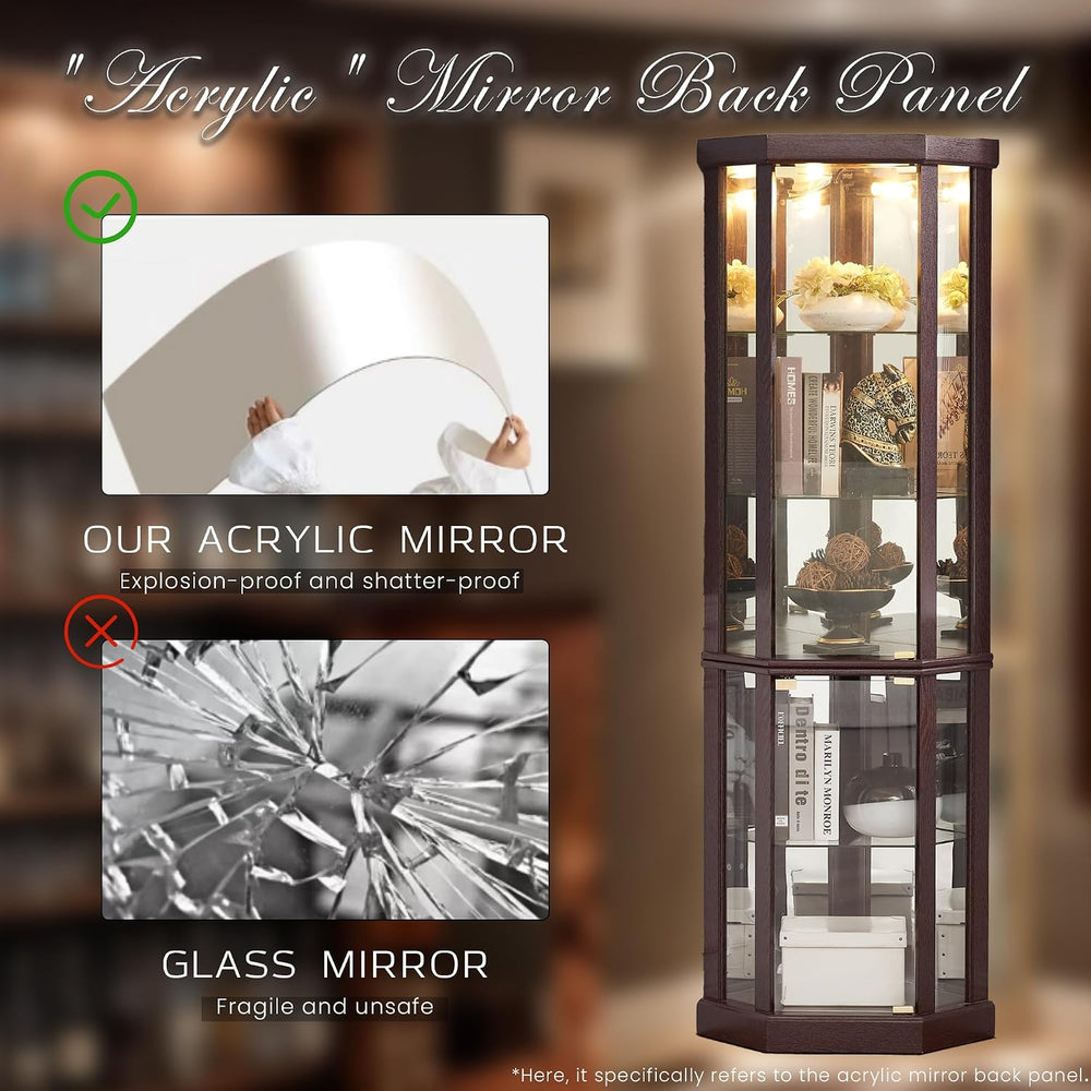 70" H Lighted Corner Curio Cabinet, Glass Display Cage with Tempered Gla...