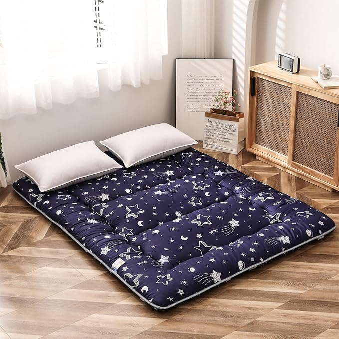 MAXYOYO Japanese Floor Mattress Futon Mattress, 4" Thicken Tatami Mat Sleeping Pad Foldable Roll Up Mat Boys Girls Dormitory Pad Kids Floor Lounger Pillow Bed, Charcoal Grey, Queen Size