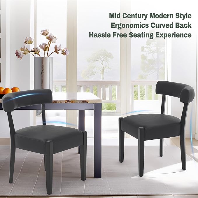 Modern Black Dining Chairs Set of 4, Faux Leather Upholstered Kitchen & Dining Room Chairs, Mid Century Modern Wooden Dining Chairs Oversized Sturdy Rounded Chairs Curved Back