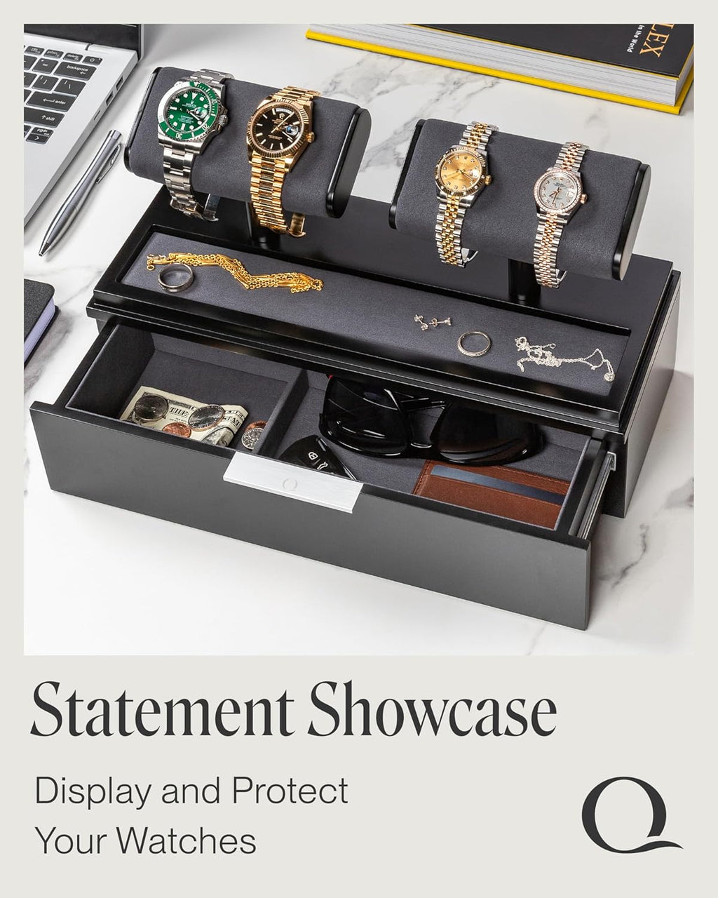 QWATCH Watch Stand Display Case - Acrylic Watch Box for 2 or 4 Watches with Jewelry Valet Tray and Drawer