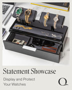 QWATCH Watch Stand Display Case - Acrylic Watch Box for 2 or 4 Watches with Jewelry Valet Tray and Drawer