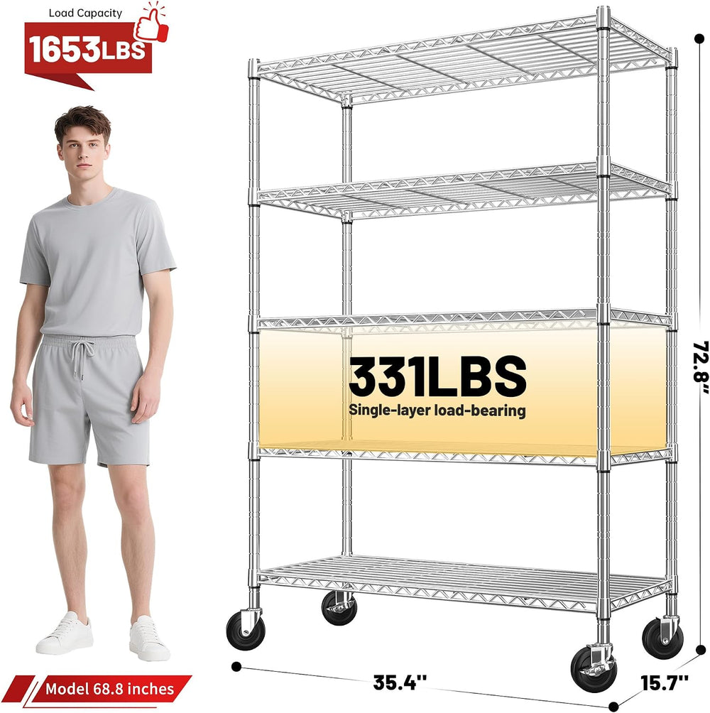 REIBII 72.8" Wire Shelving with Wheels,5 Tier 1653LBS Heavy Duty Shelves...