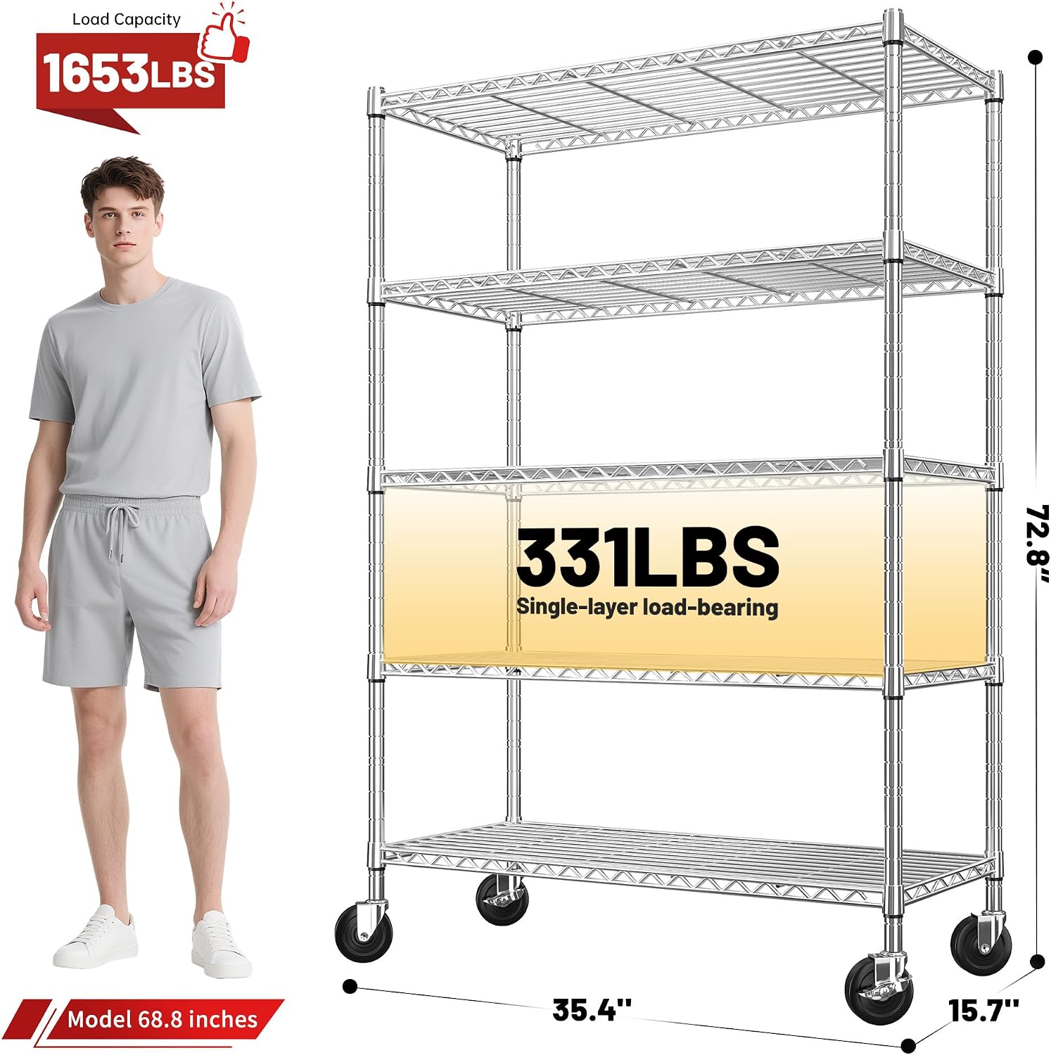 REIBII 72.8" Wire Shelving with Wheels,5 Tier 1653LBS Heavy Duty Shelves | Chrome rolling rack, 331 lbs/shelf, 5-tier, lockable wheels, rust-proof, adjustable height, tool-free, garage, kitchen