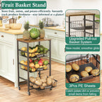 4-Tier Small Kitchen Storage Cart on Wheels, Metal Fruit Basket Stand with Pull-Out Baskets & Wood Top for Potato Onion Produce Snack Veggies