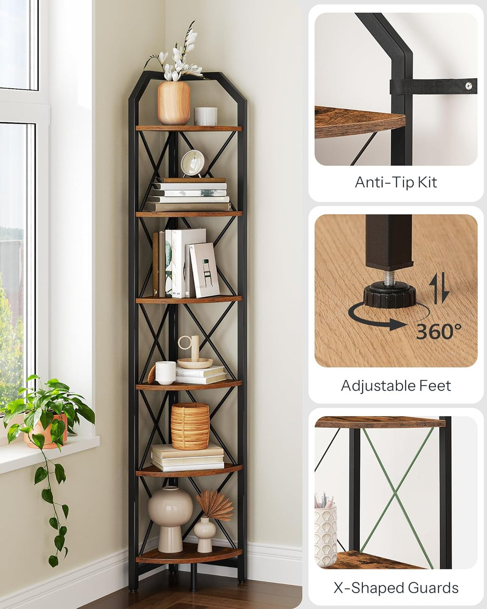 CHOEZON 6-Tier Corner Shelf, Industrial Corner Bookshelf, 71.2" Corner S...