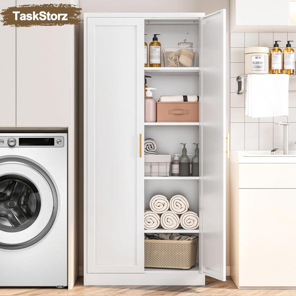 71" Tall Kitchen Pantry Cabinet, White Metal Kitchen Pantry Storage Cabi...