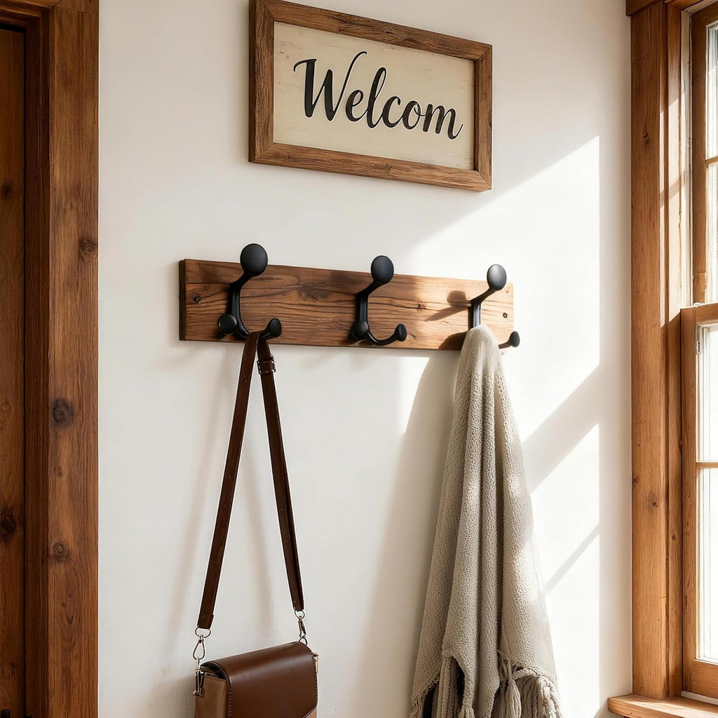 SKOLOO 17-Inch Wood Coat Rack Wall Mount with 3 Triple Hooks - Ideal for Family Entrances, Classrooms, and Pet Supplies Storage - Perfect Coat Hooks for Wall,Charred Golden Brown, Pack of 2