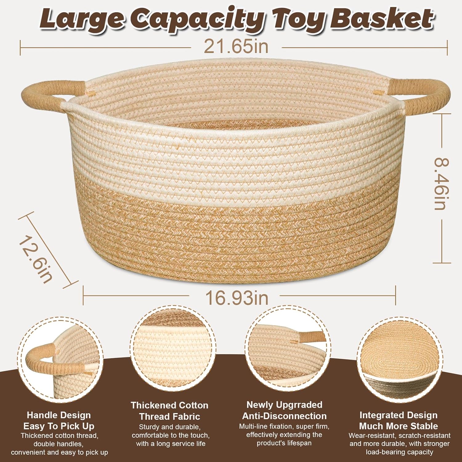 Woven Basket for Toys, Blankets & Gifts Empty ,Cotton Rope Storage Basket with Reinforced Handles for Nursery,Livingroom,Bedroom,Bathroom & Home Decor,21.65" x 12.6" x 8.46" (L)