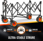 EchoSmile Collapsible Foldable Extended Wagon with 500lbs Weight Capacity, 300L Folding Utility Wagon Cart with Big All-Terrain Wheels for Beach,Sport,Gargen&Grocery,Black & Orange