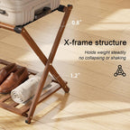 Fully Assembled Luggage Rack Set of 2 for Guest Room, Bamboo Suitcase Stand with Foldable Storage Shelf, Crossed Nylon Straps Folding Luggage Holder for Bedroom and Hotel, Walnut
