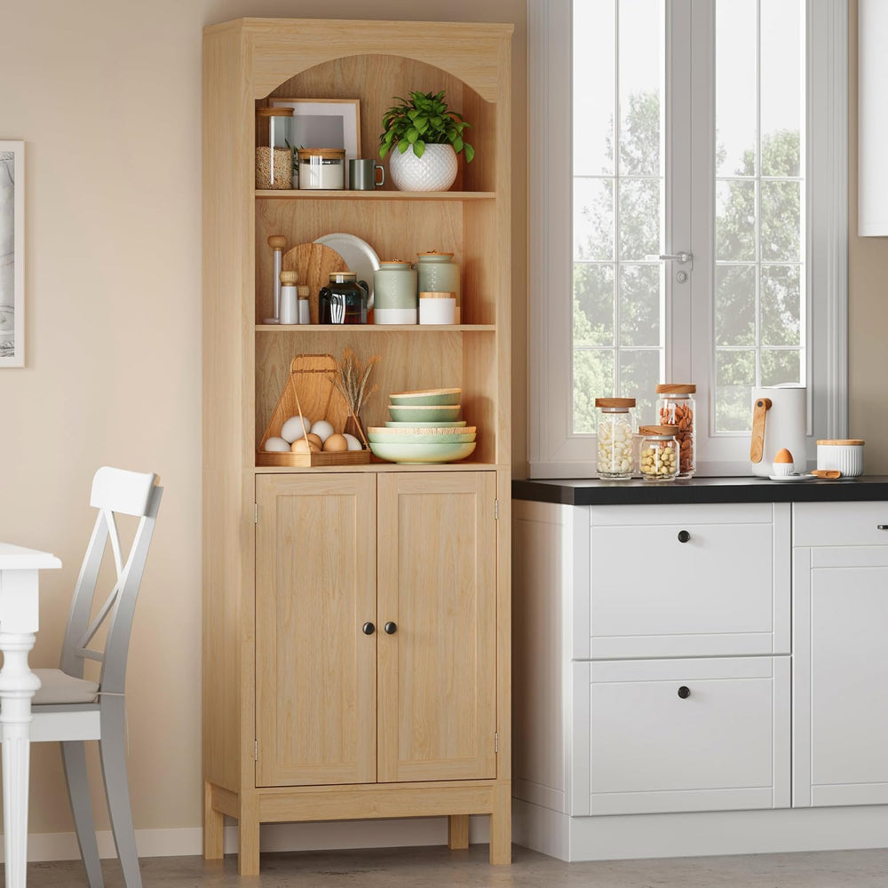 Arched Bookshelf,3 Tier Tall Bookcase with Adjustable Shelves and Cabinet