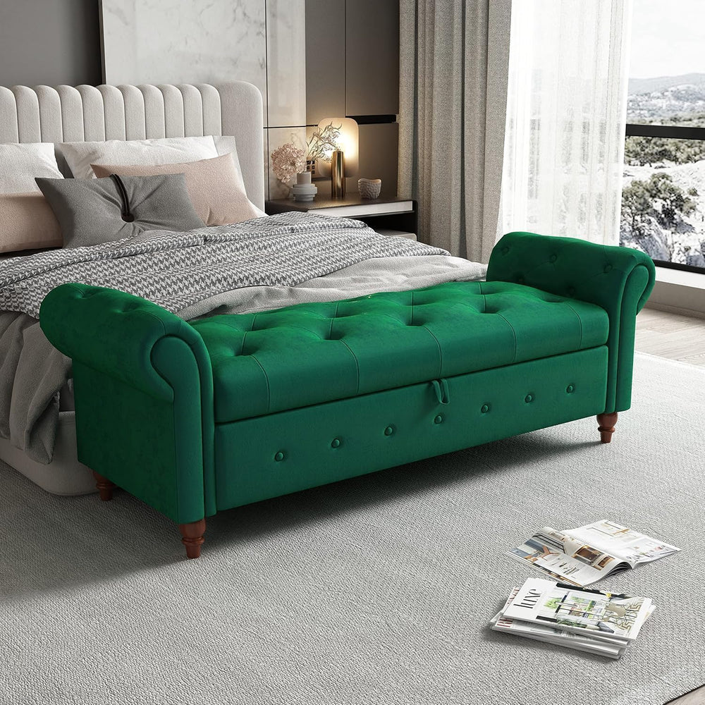 NIOIIKIT 63'' Storage Ottoman Bench Tufted Entryway Bench Dark Green ...