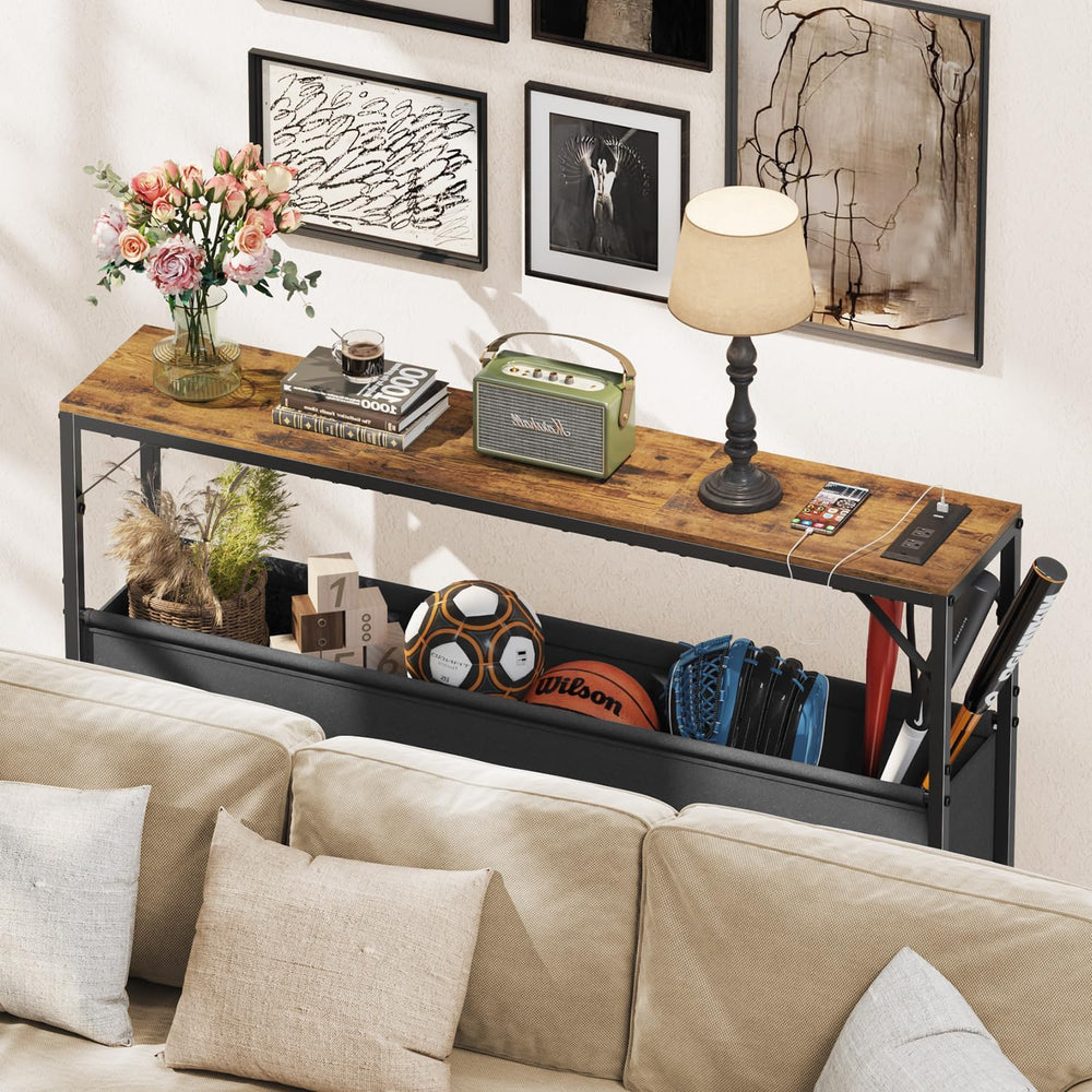 Narrow Console Table, 47.2" Long Entryway Table with Storage Power Outle...