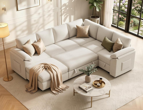 108 Inch Sectional Sleeper Sofa Bed with Pull Out Couch, U Shaped 7 Seat Cloud Modular Sectional Sofa with Storage, Corduroy Sectional Couches for Living Room, Removable Sofa Cover, Beige