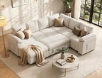 108 Inch Sectional Sleeper Sofa Bed with Pull Out Couch, U Shaped 7 Seat Cloud Modular Sectional Sofa with Storage, Corduroy Sectional Couches for Living Room, Removable Sofa Cover, Beige