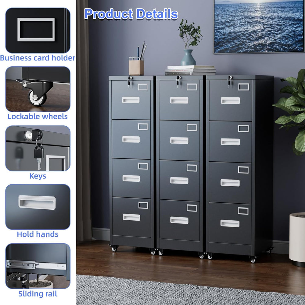 METAN 4 Drawer Metal File Cabinet with Lock, Mobile Heavy Duty Steel Filing C...