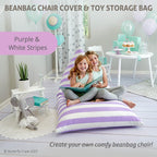 Butterfly Craze Stuffed Animal Storage Bean Bag Chair Cover - 861.64 L Purple Stripes - Extra-Large Floor Lounger & Toy Organizer - Bean Bag Chairs for Kids - Machine-Washable Canvas