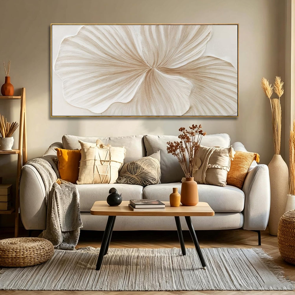 Framed White Abstract Floral Canvas Wall Art for Living Room 24x48 Inch
