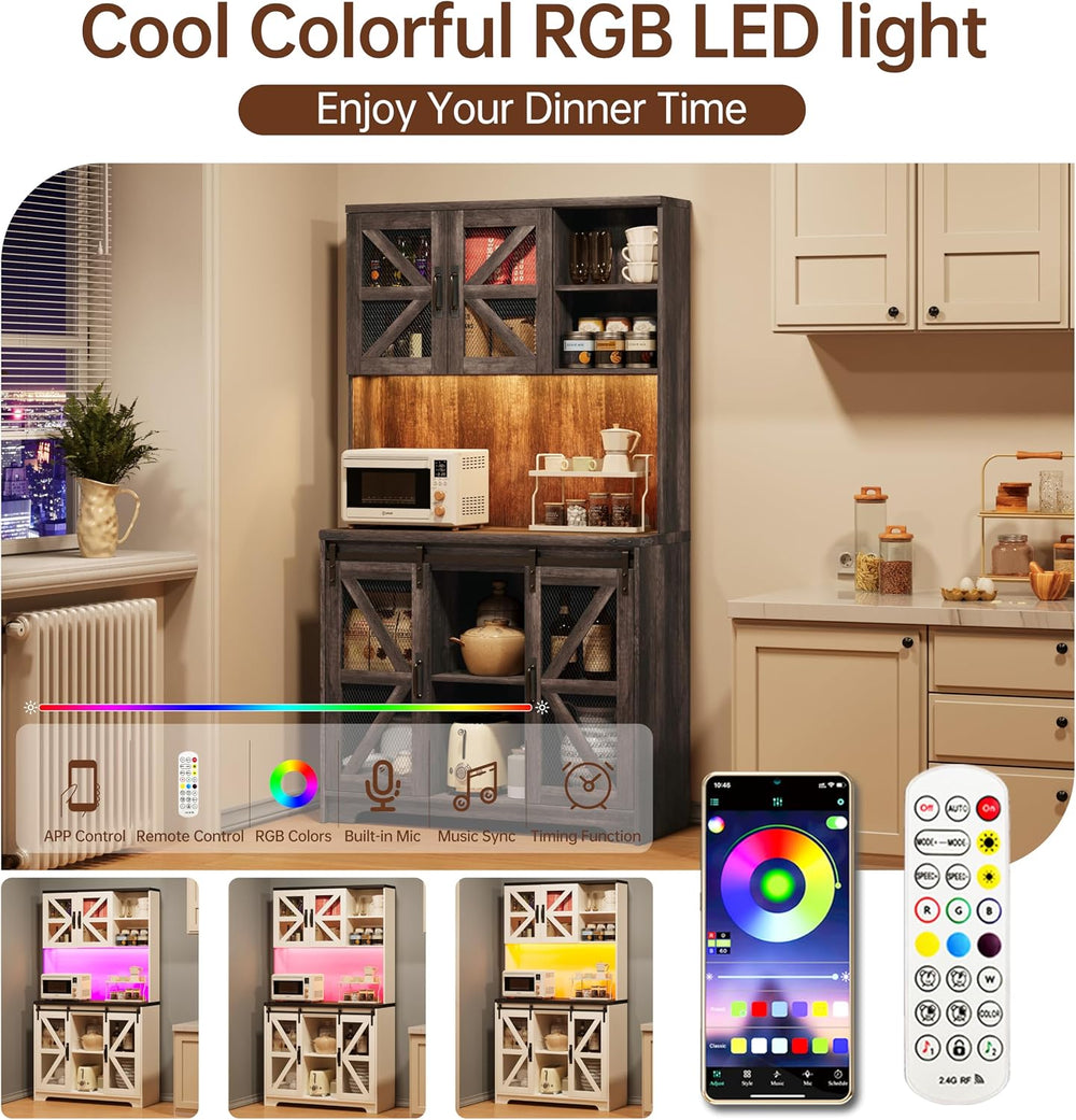 71" Farmhouse Pantry Storage Cabinet With LED Lights and Charging Statio...