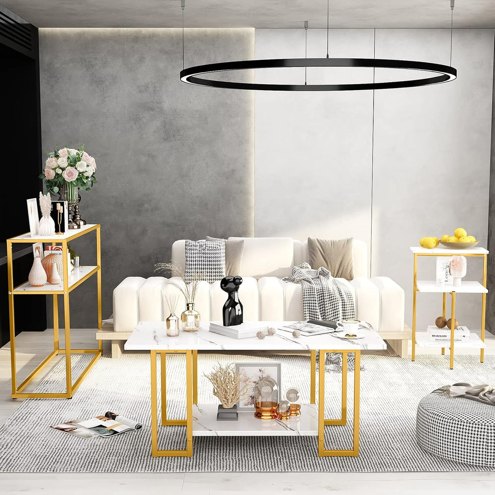 Lamerge Coffee Table Set of 3, Gold Coffee Table & 3-Tier End Table &...