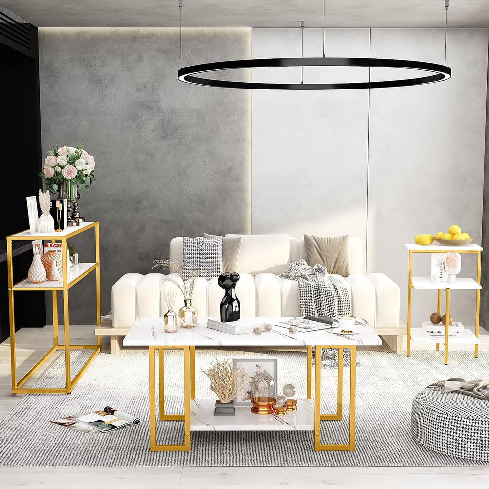 Lamerge Marble Coffee Table Set - 3 Piece Living Room Table Set with Metal Fr...