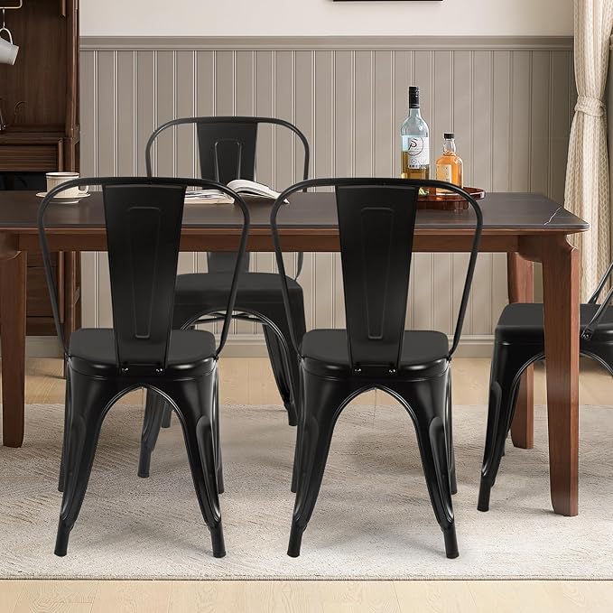 FDW | Metal Dining Chairs | Set of 4 | Black | Stackable Tolix Side Chairs wi...