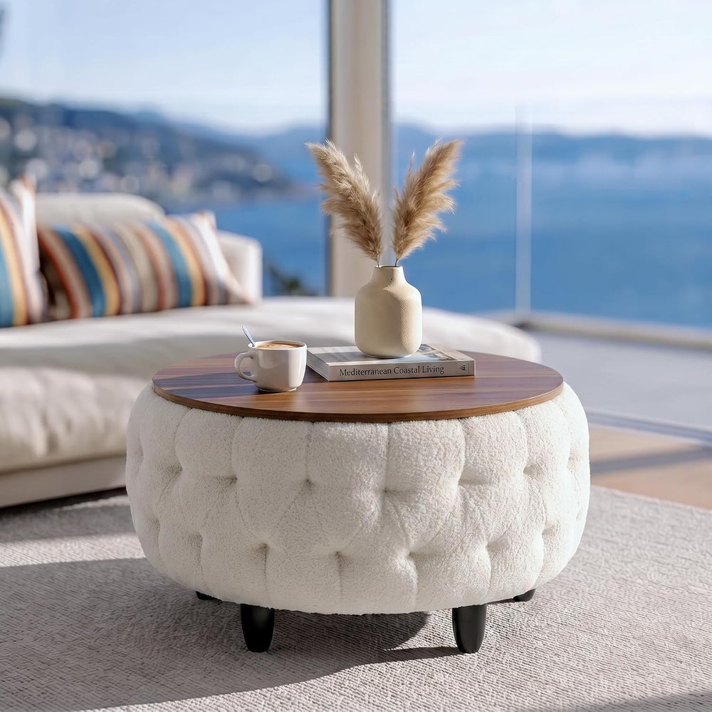 Large Round Storage Ottoman Coffee Table with Wooden Tabletop, 32 Inches Tedd...