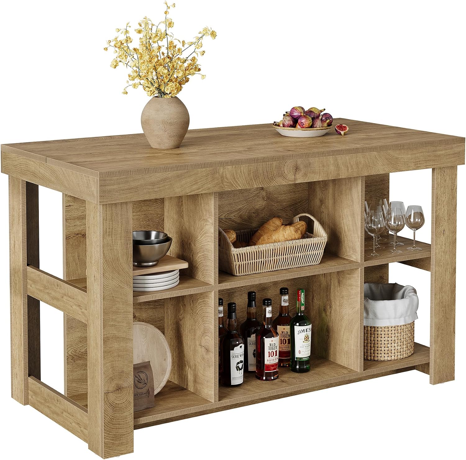 Tribesigns 55.1" Kitchen Island with 6 Storage Cubbies, Farmhouse 3-Tier Stationary Island Table, Large Dual-Sided Coffee Bar Table with Storage Shelves for Kitchen Dining Room