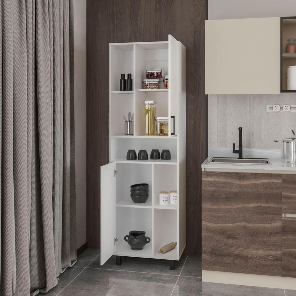 White Kitchen Pantry with Open Storage and 2 Doors,for Kitchen