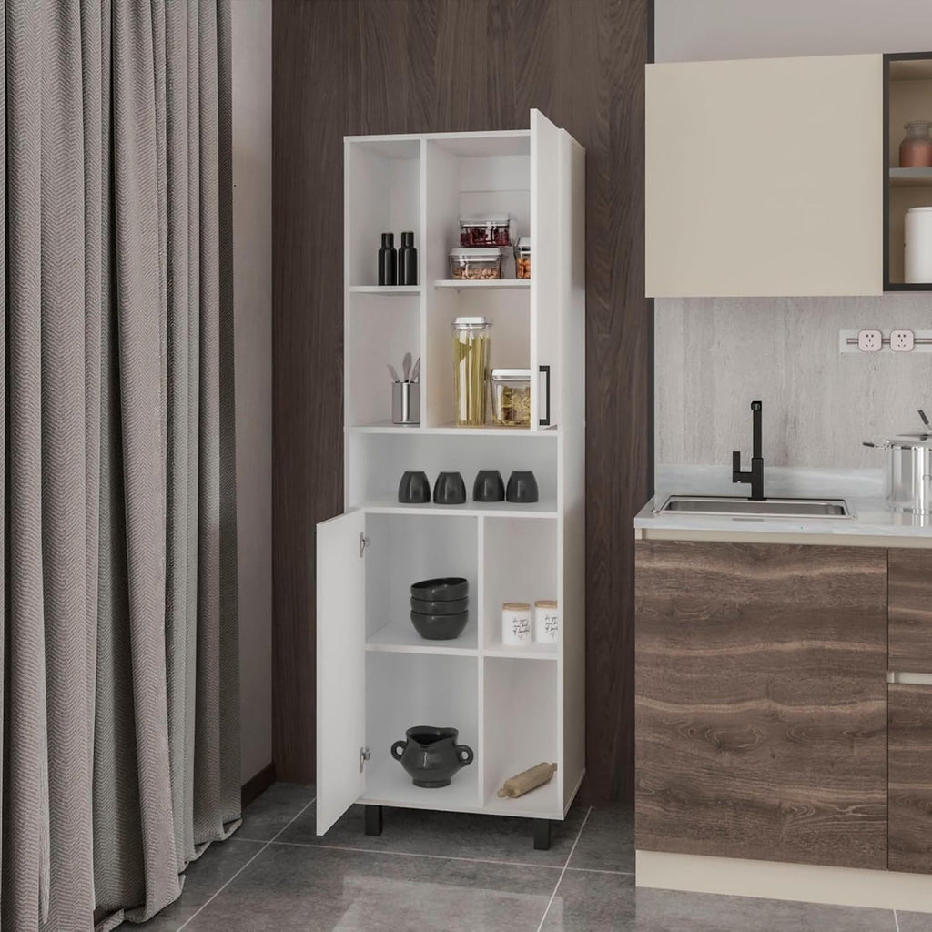 White Kitchen Pantry with Open Storage and 2 Doors,for Kitchen