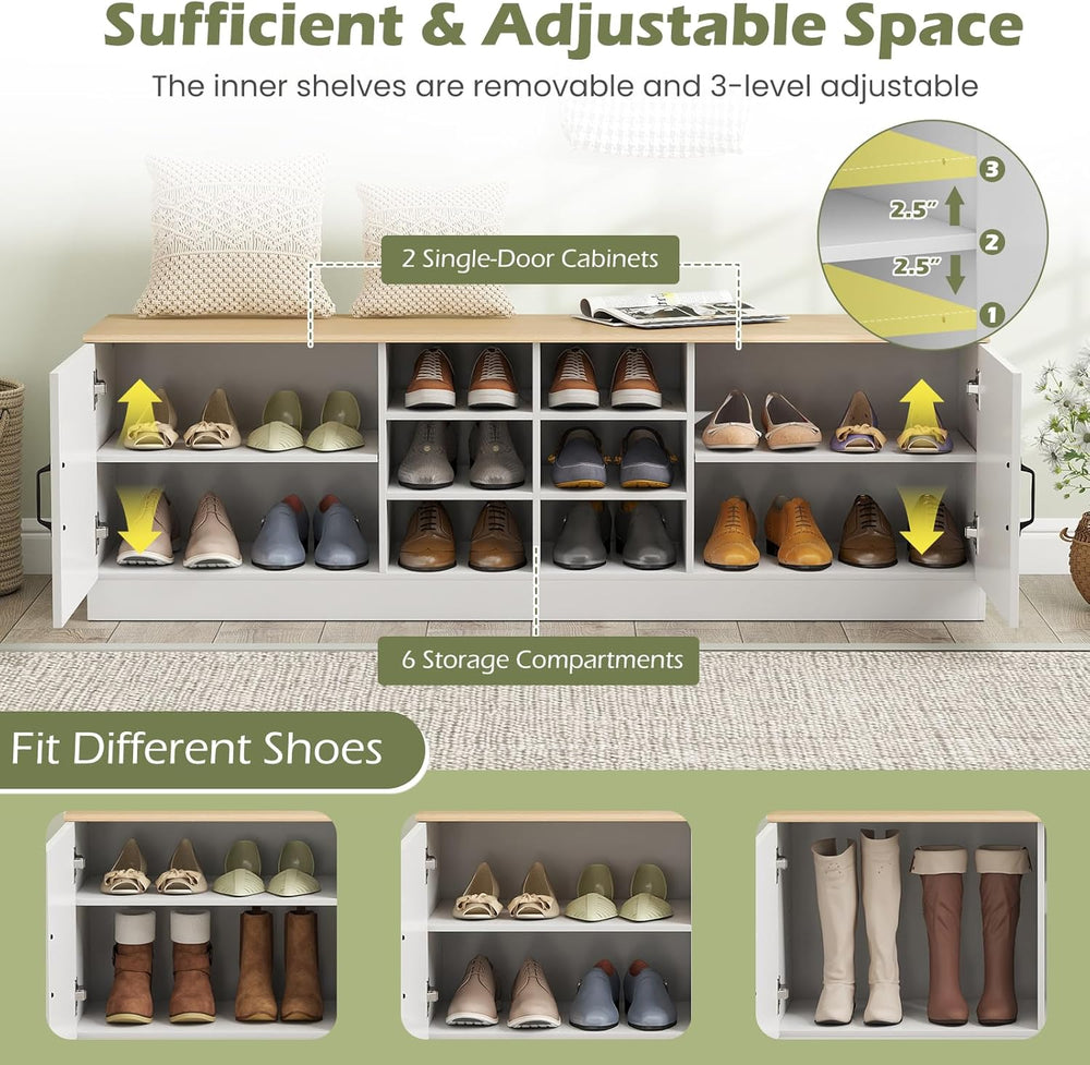 Giantex 2-Door Shoe Storage Bench, Wooden Entryway Bench with Storage, Adjust...
