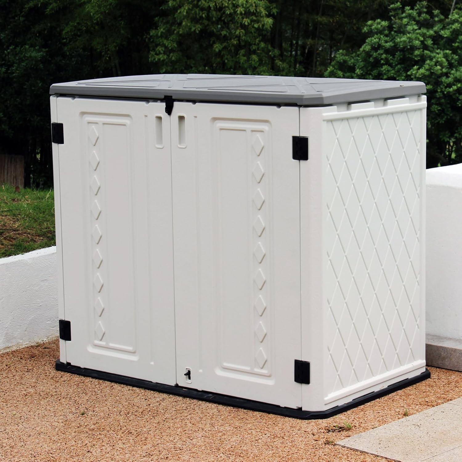 Horizontal Outdoor Storage Shed, 34 Cu.ft Outdoor Storage Cabinet Waterproof for Garden/Backyard/Home/Pool, Lockable (Off White)