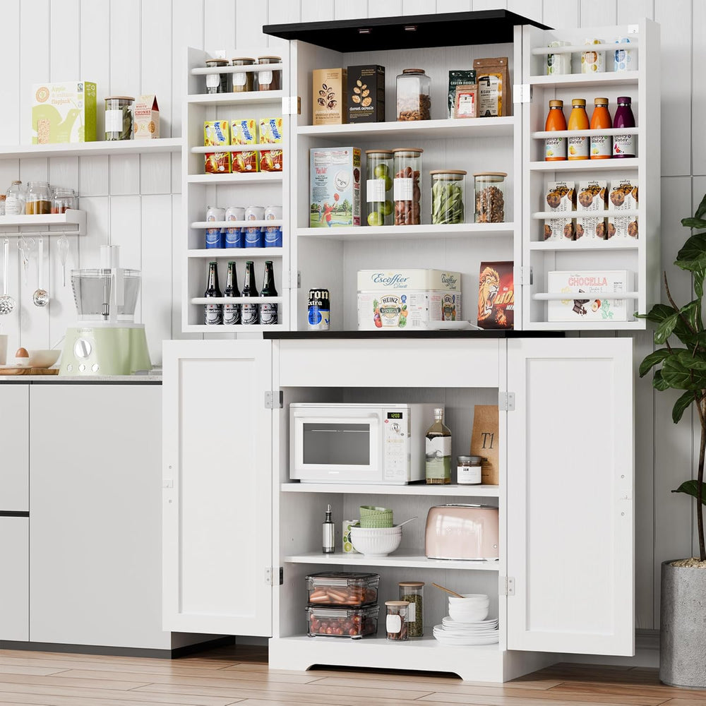 Vongrasig Kitchen Pantry Storage Cabinet with Barn Doors, Drawer and Adjustab...