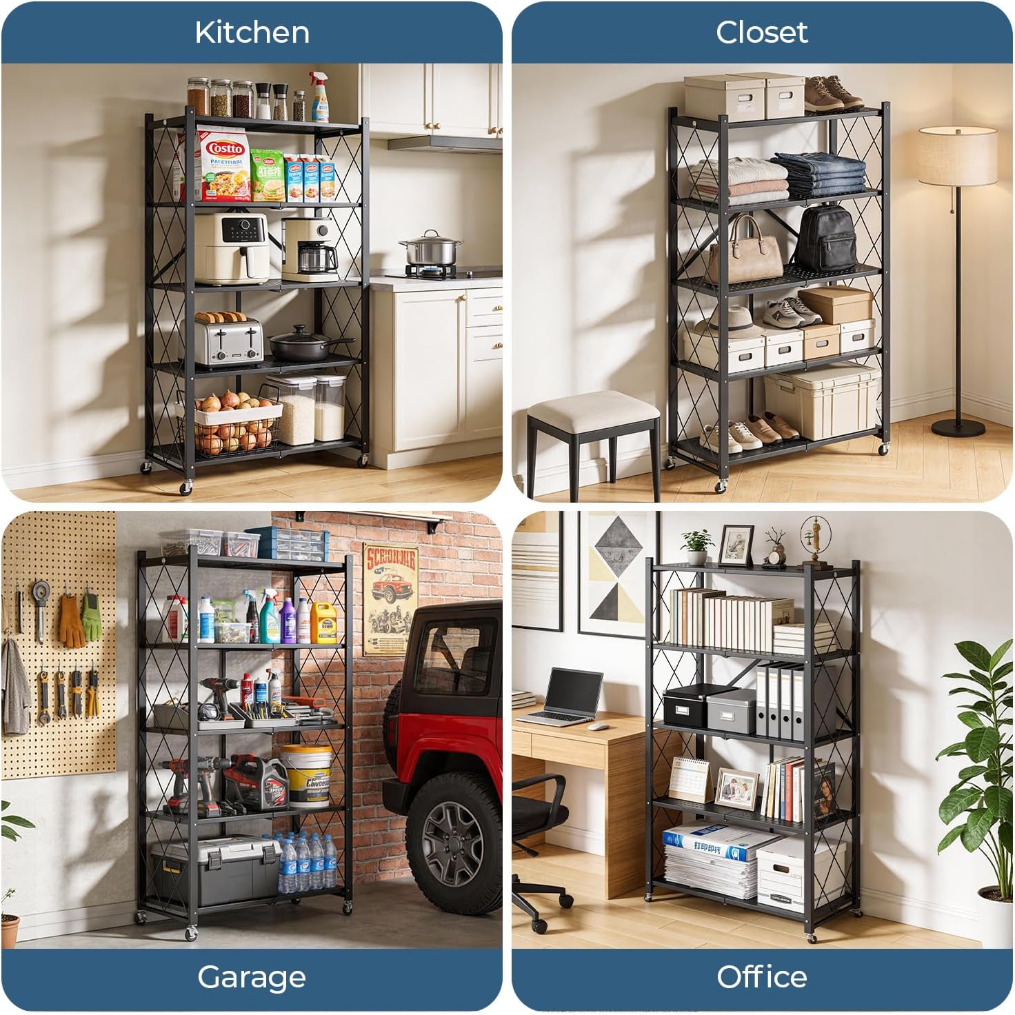 Upgraded 18% Thickened Portable 5-Tier Foldable Storage Shelves with Wheels Heavy Duty Storage Shelf Collapsible Shelves Unit Display for Garage Storage Kitchen Pantry & Closet Organizer, Matte Black